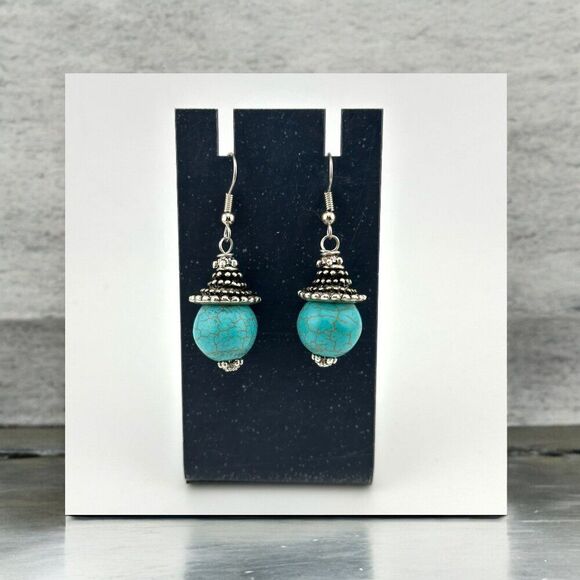 Turquoise Wagnerite Antique Silver Tone Earrings Surgical Steel Hooks - Picture 1 of 7